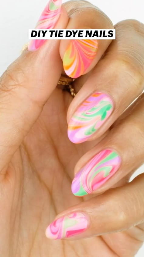 Follow Overglow Edit for more nail art inspiration! Simple and fun multicolor, rainbow nail art - perfect for the summer and works on short or long nails. DIY tie dye nails, easy to recreate at home. Diy Nails For Short Nails, At Home Easy Nail Designs, Natural Nails White Design, Fun Nail Designs Easy, Easy Nail Designs For Short Nails To Do At Home, Easy Nails You Can Do At Home, Cute Summer Nails Easy At Home, Diy Watercolor Nails, Simple Diy Nails Ideas