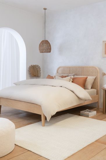 Wood and Cane Sophia Bed Frame Boho Minimal Bedroom, Natural Wood Bed Frame, Boho Bed Frame, Contemporary Headboards, Headboard Shapes, Country Aesthetic, College House, Minimal Bedroom, Rattan Bed