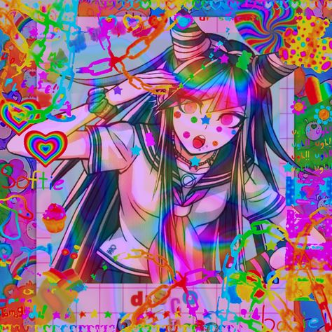 Scene Core Pfp, Ibuki Mioda Icon, Scenecore Pfp, Pfp Danganronpa, Kidcore Pfp, Scene Pfp, Kid Core Aesthetic, Eyestrain Art, Rainbow Drawing