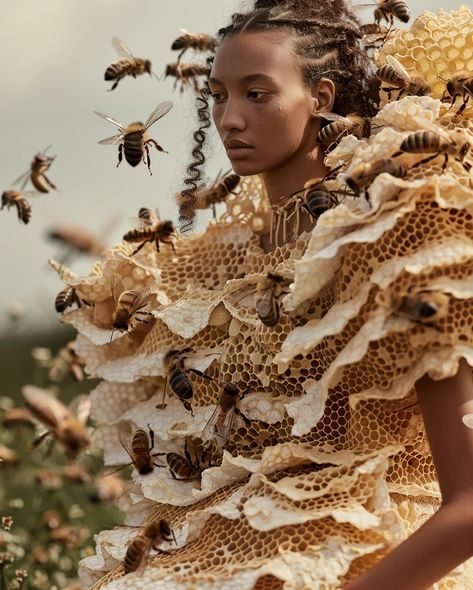 Queen Bee 🐝 : an eco-friendly clothing concept that turns your dress into a home for bees Still thinking about Spring/Ostara for this one for #landofblursed @blursed_montage and #chxrchchallenges @the_clone_supper #midjourneyfashion #aifashion #midjourneyconcept #midjourneycommunity #midjourneyv6 #midjourneyblend #midjourneysref #midjourneyai #fashionconcept #ecofriendly #bees #ecofriendlyfashion #aifashiondesign #midjourneyfashiondesign #midjourneyfashion Food Inspired Outfits, Bee Fashion Design, Insect Fashion Inspiration, Bee Keeper Outfit, Bee Woman, Bee Corset, Queen Bees Art, Bee Goddess, Dark Queen