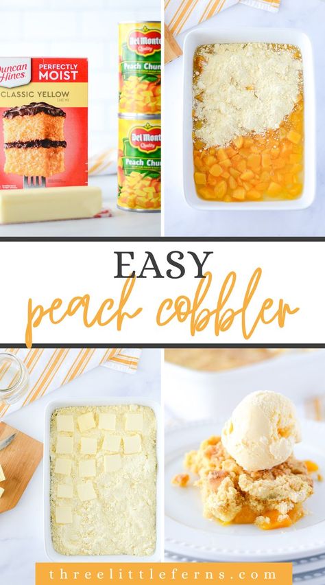 Indulge in the sweet simplicity of our 3-Ingredient Peach Cobbler dump cake! 🍑🍰✨ This easy dessert recipe is a flavor explosion with minimal effort. Perfect for busy days when you need a quick, easy, and delicious treat. Discover how to satisfy your peach cobbler cravings with ease! 3 Ingredient Peach Cobbler Dump Cake, Three Ingredient Cobbler, 4 Ingredient Peach Cobbler, Cake Box Peach Cobbler, 2 Ingredient Peach Cobbler, Dump Peach Cobbler Yellow Cake Mixes, Quick Peach Cobbler 3 Ingredients, Jiffy Cake Mix Peach Cobbler, Peach Cobbler Easy Fresh Peaches