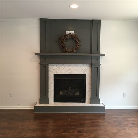 Green Mantel Fireplace, Wood Trim Around Fireplace, Green Fireplace Surround, Dark Mantle Fireplace, Green Fireplace Mantle, Dark Painted Fireplace, Green Fireplace Wall, Dark Green Fireplace, Fireplace Built Ins Diy