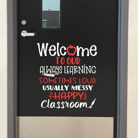 Transforming your classroom door is a great way to add personality and inspiration to your learning space. Choose a quote that speaks to you and add a cute decal with your name to create a welcoming entrance. It’s all about creating a fun and inviting environment that gets everyone excited to learn. Pick a quote that captures your teaching vibe and motivate your students every day! And for a limited time with the purchase of 3 decals, you can save 20% on all your decals. Use the code Buy3deca... Quote For Classroom, Teacher Desk Area, Teacher Decals, Teacher Desk Areas, Welcome To Our Classroom, Library Reading Room, Happy Classroom, Welcome Quotes, School Decal