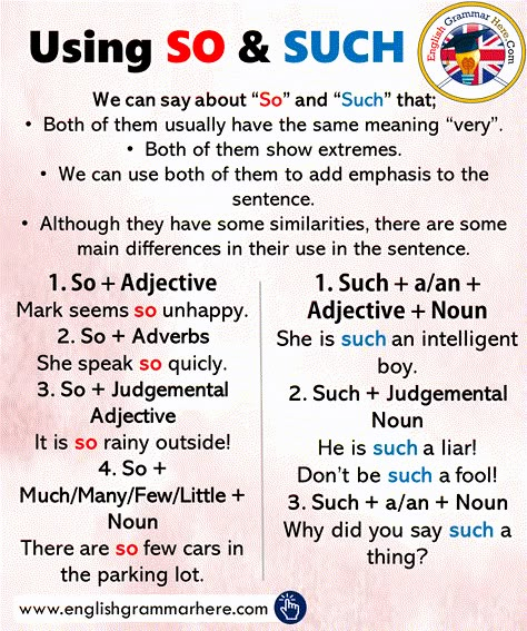 Using SO and SUCH, Examples Sentences - English Grammar Here Struktur Teks, English Grammar Rules, Teaching English Grammar, English Language Learning Grammar, Transition Words, English Vocab, Learn English Grammar, Grammar Rules, Good Vocabulary Words