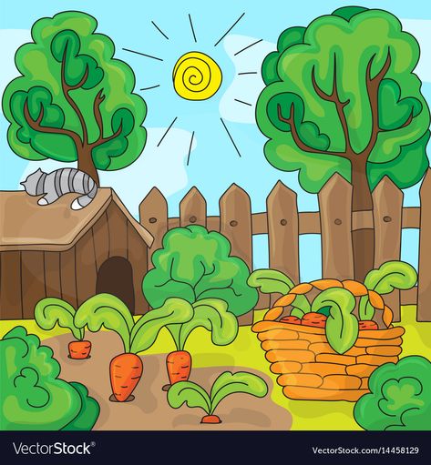 Garden Cartoon, Farm Cartoon, Carrot Gardening, Cartoon Garden, Picture Composition, House Colouring Pages, Garden Illustration, Garden Drawing, Farm Garden