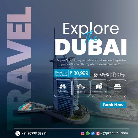 Explore the magic of Dubai with the best International tour package provider in Surat - 𝐏𝐫𝐚𝐩𝐭𝐢 𝐓𝐨𝐮𝐫𝐢𝐬𝐦! 🏙️✈️ ✅ Get ready for 4 nights & 5 days of luxury, sightseeing, and adventure, and more - all starting at just Rs.30,999/-! 📲 Book now: +91 90999 06971 #DubaiTour #TravelWithPrapti #InternationalTourPackages #LuxuryVacation #ExploreDubai #TravelDeals #DubaiAdventure #PraptiTourism #BestTourPackageSurat #SuratToDubai #Instagramgrowth #ContentmarketingStrategy #Instagrammarketingtips #Tran... Traveling Social Media Post, Dubai Travel Poster, Travel Packages Poster, Tour Packages Design, Tourism Design, Dubai Tourism, Uae National Day, Dubai Tour, Travel Poster Design