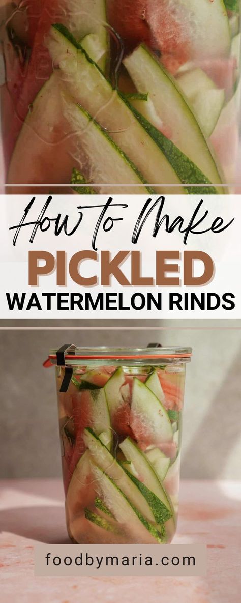 Learn how to make pickled watermelon rinds! Believe it or not, watermelon rinds are completely edible, and you can add them to salads and sandwiches or simply eat them on their own. By pickling watermelon rinds, you are eliminating food waste! This recipe also works great with jalapenos, carrots, cucumber, asparagus, peaches, etc Watermelon Pickled Rinds, Pickled Watermelon Rind Recipe Canning, Pickling Watermelon Rind, Pickles Watermelon Rind, How To Pickle Watermelon Rind, Watermelon Pickles Easy, Pickle Watermelon Rind, Watermelon Skin Recipe, Fermented Watermelon Rind