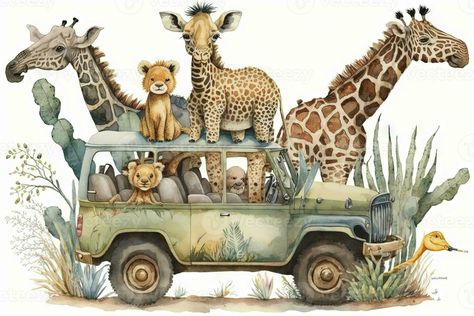 baby safari dieren in jeep illustratie generatief ai Safari Watercolor, Bus Png, Safari Baby Animals, Animal Safari, Class Theme, Safari Animals, Watercolor Clipart, Cat Lady, Unique Print