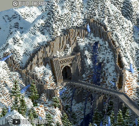 Dwarven Base Minecraft, Minecraft Mountain Castle Blueprints, Mountain Cave House Minecraft, Minecraft Building Ideas Mountain House, Extreme Minecraft Builds, Minecraft Building Ideas Waterfall, Minecraft Mountain Entrance Ideas, Minecraft Valley Base, Mountain Build Minecraft