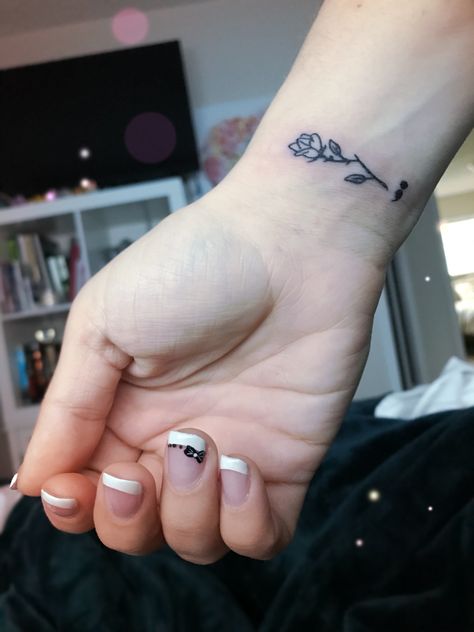 Rose And Semi Colon, Rose With Semicolon, Rose Semi Colon, Rose Tattoo With Semicolon, Every Rose Has Its Thorn Tattoo, Rose Semi-colon Tattoo Ideas, Semicolon Quotes, Tattoo Semicolon, Every Rose Has Its Thorn