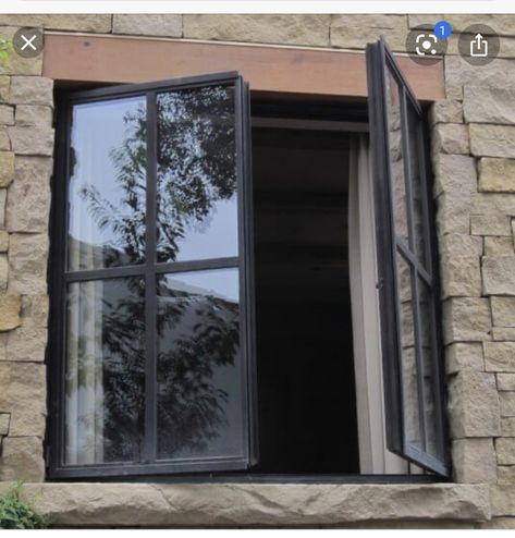 Casement Windows Exterior, Grass Valley California, Small Dream Homes, Framed Windows, Metal Window Frames, Deck Shade, Stone Cabin, Steel Doors And Windows, Window Reveal