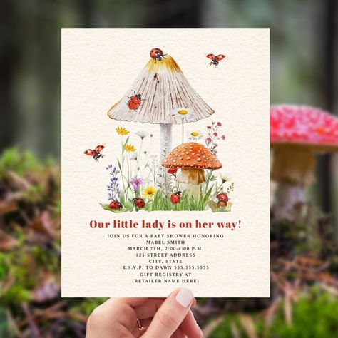 Little Lady Ladybug Mushroom Flowers Baby Shower Invitation Unique Baby Shower Themes, Ladybug Baby, Ladybug Baby Shower, Ladybug Theme, Woodland Baby Shower Invitations, Nature Baby Shower, Simple Baby Shower, Baby Shower Supplies, Baby Shower Flowers