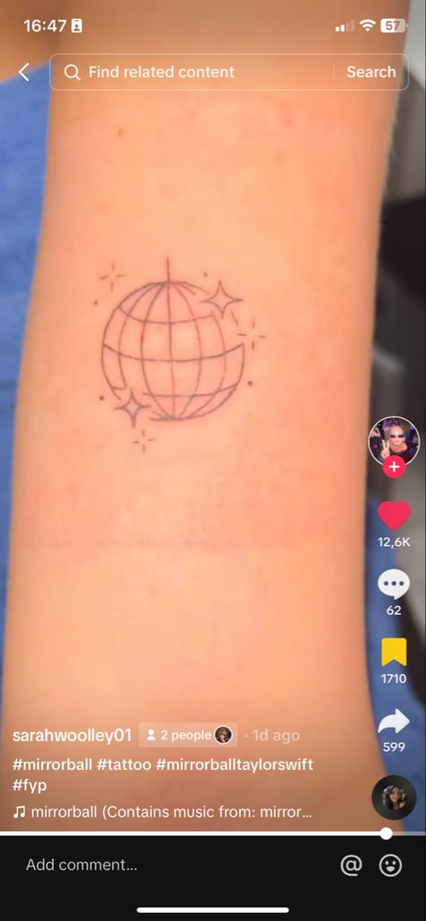 Stick And Poke Tattoo Taylor Swift, Mirrorball Tattoo Minimalist, Mirror Ball Tattoo Taylor Swift, Tiny Disco Ball Tattoo, Disco Ball Tattoo Simple, Mirror Ball Tattoo, Mirrorball Tattoo, Disco Ball Tattoo, Lil Tattoos