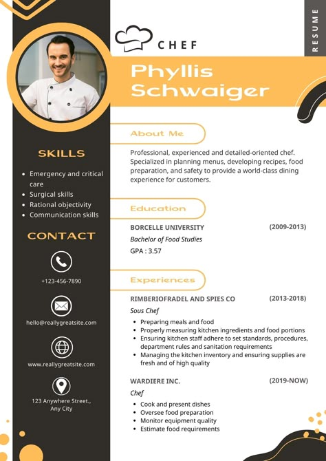 Get inspired with our collection of chef resumes. Our professional designs make it easy to showcase your experience, skills, and accomplishments. Whether you're applying for a job in a restaurant or catering business, you'll find the perfect resume template to help you land your dream job. Resume Design Ideas, Chef Resume, It Cv, Applying For A Job, Chef Jobs, Studying Food, Design Resume, Resume Writing Services, Cv Resume Template