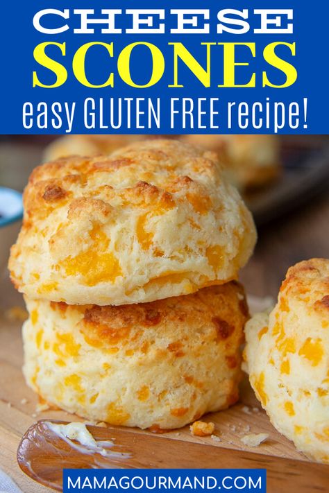 Gluten Free Cheese Scones are a savory, fluffy scone recipe flavored with cheddar and garlic. This biscuit recipe is adaptable for US or UK measurements, and tastes so good you won't believe it's gluten free! #glutenfree #cheese #scones #biscuits Cheese Scones Easy, Gluten Free Cheese Scones, Gluten Free Cheese Biscuits, Cheese Scone Recipes, Homemade Gluten Free Bread, Recipe Cheesecake, Gluten Free Scones, Cheddar Bay Biscuits, Scones Easy