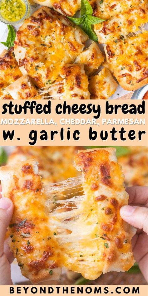 Mozzarella and Cheddar Stuffed Cheesy Bread recipe Soft Garlic Herb Cheddar Cheese Bread, Dominoes Stuffed Cheesy Bread, Garlic Cheesy Bread Recipe, Stuffed Cheesy Bread Recipes, Stuffed Sourdough Bread, Stuffed Cheese Bread, Cheesy French Bread, Stuffed Bread Recipes, Pull Apart Cheese Bread