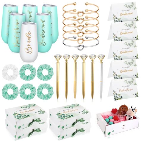 PRICES MAY VARY. Abundant Quantity: you will receive 5 green bridesmaid proposal boxes (1 maid of honor, 4 bridesmaids), 5 bridesmaid invitation cards (1 maid of honor, 4 bridesmaids), 6 champagne glasses (1 bride, 1 maid of honor, 4 bridesmaids), 6 hair ties (1 bride, 5 bridesmaids), 6 knotted bracelets (1 bride, 5 bridesmaids), 6 diamond pens (1 bride, 5 bridesmaids Safe and Reliable Material: our bridesmaid tumblers are made of 304 stainless steel, durable, stain resistant and unbreakable, en 6 Bridesmaids, 5 Bridesmaids, Glamping Bachelorette Party, Bridesmaid Invitation Card, Night Sky Wedding, Bridesmaid Socks, Pearl Bridal Shower, No Crease Hair Ties, Knot Bracelets