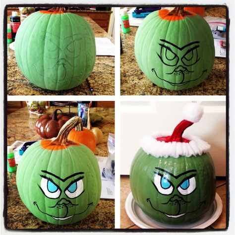 pumpkin Grinch :-) Acryllic paint, modge podge, batting & an eye to trace. Saw idea on Pinterest first. Grinch Pumpkin Decorating, The Grinch Pumpkin Painting, Grinch Pumpkin Painting, The Grinch Pumpkin, Grinch Christmas Party Ideas, Grinch Pumpkin, Grinch Themed Christmas, Grinch Christmas Decor, Pumpkin Character