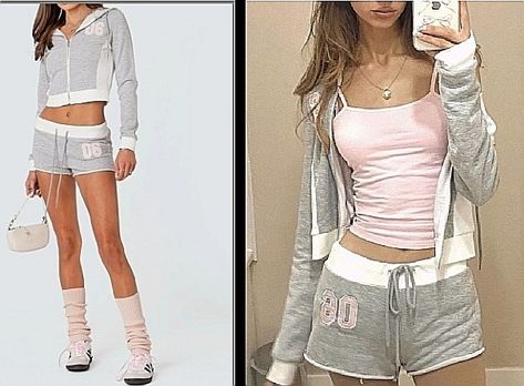 Y2k 2000s tracksuit shorts matching set vintage coquette babydoll casual aesthetic outfit mini shorts pink Tracksuit Shorts Outfit, 2000s Tracksuit, 2000s Shorts, 1990s Looks, Shorts Matching Set, Tracksuit Shorts, Y2k Tracksuit, Grey Tracksuit, Dance Outfit