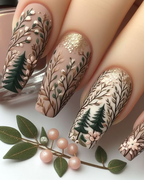 Forest Theme Nails, Forest Nail Art, Nature Nail Art, Camping Nails, Wildflower Nails, Forest Nails, Cottagecore Nails, Fall Nail Art Ideas, Nature Nails