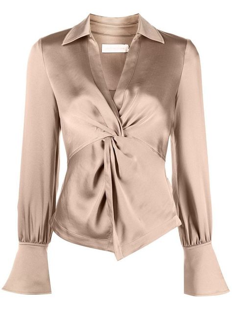 Twisted Blouse, Satin Wrap Top, Evening Blouses, Top Satin, Beige Blouse, Plus Size Blazer, Twist Front Top, Satin Long Sleeve, Trendy Fashion Tops