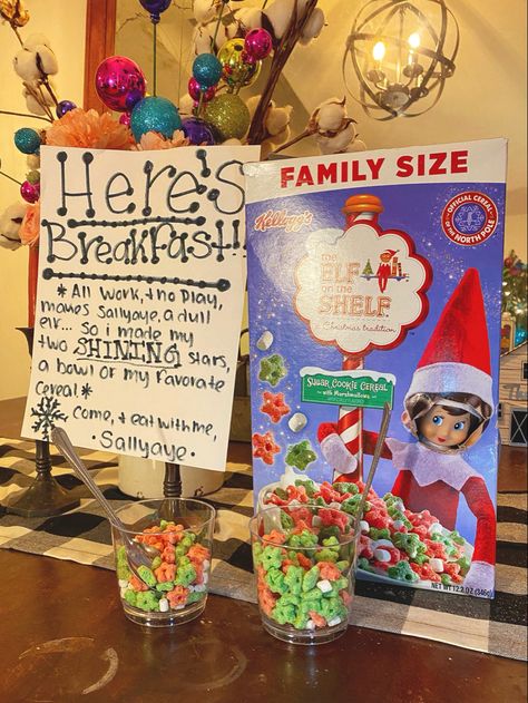 #elfontheshelf #funny Elf Cereal Ideas, Elf On The Shelf Cereal Ideas, Elf Cereal, Elf On The Shelf Cereal, Cookie With Marshmallow, Cereal Ideas, Eating Cereal, Cereal Cookies, Trees For Kids