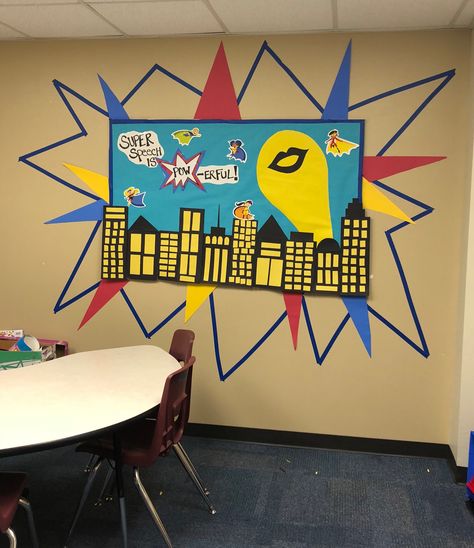 Super Hero Bulletin Board Ideas, Hero Bulletin Board, Super Hero Food, Super Hero Banner, Superhero Bulletin Boards, Therapy Decor, Food Bulletin Boards, Bulletin Borders, Pto Ideas