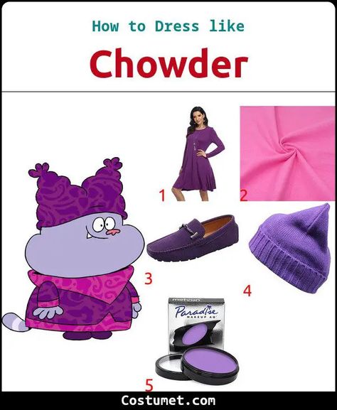 Chowder Costume Panini Chowder Costume, Chowder Costume Halloween, Chowder Halloween Costumes, Chowder And Panini Costume, Chowder Cartoon Characters, Chowder Costume, Chowder Beanie, Schnitzel From Chowder Cartoon, Purple Face Paint