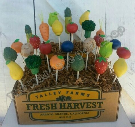 Vegetables Cake Pops Vegetable Cake Pops, Fruits And Vegetables Birthday Theme, Farmers Market Cake Pops, Fruit Themed Cake Pops, Farmers Market Baby Shower Cake, Cottage Core Cake Pops, Toddler Vegetables, Vegetable Cake, Garden Baby Shower Theme