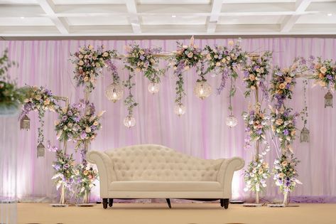 Love in Lavender🪻 Keerti & Muthappa Design, Production & Decor - @elegantweddingsindia Gorgeous Venue - @valura_venue Photography - @platform_9n3.4 #weddingdecor #elegantweddingsindia #weddingvenuebangalore #indianweddings Lavender Flower Decor, Engagement Decorations Outdoor, Elegant Wedding Stage, Engagement Stage, Weddings 2024, Small Stage, Engagement Stage Decoration, Reception Stage, Reception Stage Decor