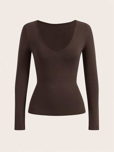 Solid V Neck Tee Coffee Brown Casual  Long Sleeve Knitted Fabric Plain  Medium Stretch  Women Clothing, size features are:Bust: ,Length: ,Sleeve Length: Brown Long Sleeve Outfit, Shein Basics, Long Sleeve Outfits, Layered T Shirt, Brown Long Sleeve, Brown Shirt, Coffee Brown, Women Long Dresses, Sweaters Oversized