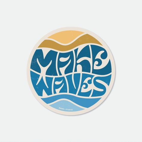 Circular 'make waves' sticker in yellow and blue Beach Logo Ideas, Community Stickers, Water Logo Design, Waves Sticker, Deco Surf, Beach Stickers, Summer Logo, Wave Logo, Beach Logo