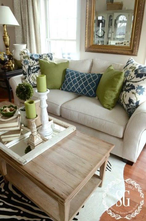 HOW TO BUILD A PILLOW COLLECTION LIKE A PRO-adding colored pillows-stonegableblog.com Blue And Green Living Room, Living Room Color Schemes, Room Color Schemes, Living Room Pillows, Living Room Green, Living Room Colors, Tropical Decor, Family Rooms, New Living Room