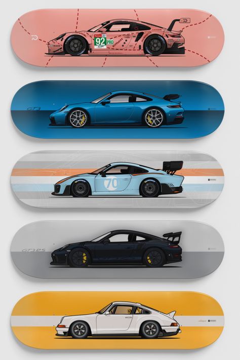 Skateboard skate deck with Porsche print as wall art Skate Decks On Wall, Skate Board Designs Ideas, Skateboards Design Ideas, Skateboard Deck Wall Art, Skateboard Deck Ideas, Skateboard Deck Design Ideas, Skateboard Design Ideas Art, Cool Skateboards Designs, Skateboard Decks Design