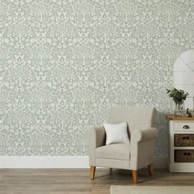 Wallpaper | Dunelm Sage Wallpaper Bedroom, Sage Green Wallpaper Living Room, Sage Green Wallpaper Bedroom, Dunelm Wallpaper, Conservatory Wallpaper, Green Wallpaper Living Room, Paneled Bedroom, Landing Wallpaper, Stairway Wallpaper