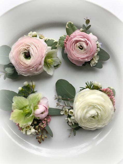 Sweetheart Wrist Corsages:  ranunculus wrist corsages Small Wrist Corsage Wedding, Wrist Corsage Prom Diy, Beautiful Corsages Prom, Bridal Corsage Wrist The Bride, Modern Wrist Corsage Wedding, Corsage Bracelet, Petite Wrist Corsage, Modern Prom Corsage, Grad Corsage Ideas