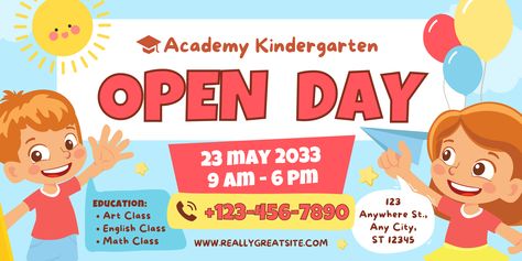 See more templates in my Canva portfolio 👉 https://partner.canva.com/olegnik ⭐️ This design meets the following characteristics: education kindergarten open day preschool registration children illustrative Canva Portfolio, School Banner, Open Day, Preschool Education, Education Kindergarten, Math Class, Opening Day, Child Day, Canva Templates