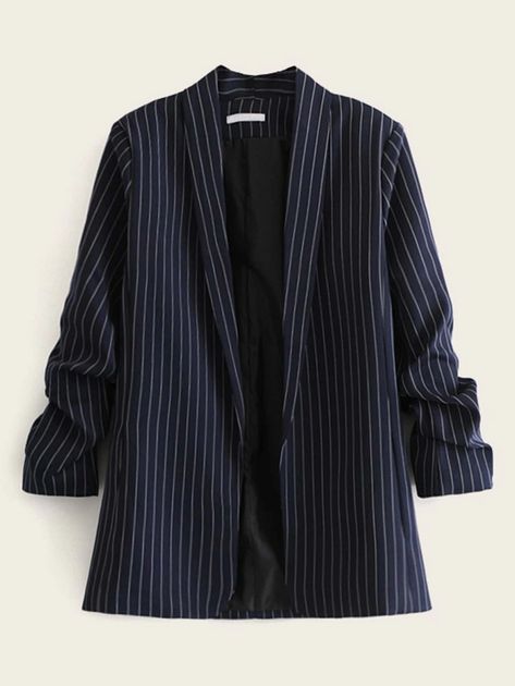 Ruched Sleeve Vertical-Striped Blazer | SHEIN USA Shawl Collar Blazer, Striped Shawl, Plus Size Blazer, Ruched Sleeve, Striped Blazer, Blazer Outfits, Blazer Dress, Blazers For Women, Suits For Women