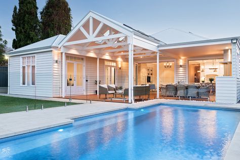 Hamptons Style Homes, Fiberglass Swimming Pools, Cool Swimming Pools, Backyard Pool Landscaping, Hamptons House, Outdoor Entertaining Area, Swimming Pool Designs, Australian Homes, Entertaining Area