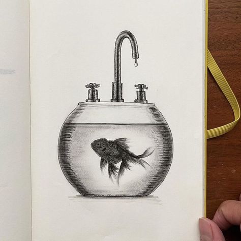 ink animal drawing Tank Drawing, Goldfish Tank, Abstract Pencil Drawings, Leaky Faucet, Ink Pen Drawings, Pen Drawing, Ink Art, Goldfish, Fashion Drawing