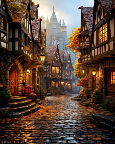 Town Art, Fantasy Village, Magical House, Fantasy Town, Cobblestone Streets, Fantasy Homes, Fairytale Fantasy, Autumn 2023, Fantasy House