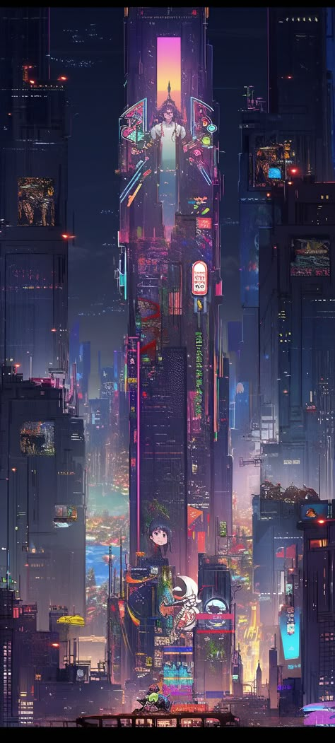 Sci Fi Japanese City, Futuristic City Night, Futuristic Magic City, Solarpunk City At Night, Semi Futuristic City, Cyberpunk City Skyline, Dystopian Cyberpunk City, Cyberpunk Building Design, Cyberpunk Art Wallpaper