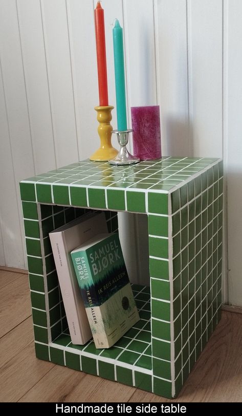 This tile side table will be a real eye-catcher in your interior. Adding color and storage. Use it to store books, vinyl or just to hold your morning coffee. Handmade Interior Decorating Ideas, Green Tile Side Table, Abstract House Decor, Dopamine Core Room, Eclectic Maximalism Living Room, Kelsey Core, Tile Side Table, Eclectic Coffee Tables, Coffee Table Books Decor