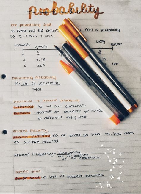 Orange School Aesthetic, Probability Notes, Bic Ballpoint Pen, Orange Notes, Staedtler Triplus Fineliner, Marker Black, Aesthetic Motivation, Desk Stationery, Medical School Inspiration