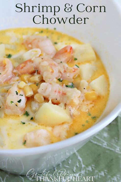 Make a pot of delicious shrimp and corn chowder with tender potatoes in a lovely, buttery broth.  It is an easy recipe and a great seafood soup. Corn Chowder With Potatoes, Shrimp And Corn Chowder, Shrimp And Corn Soup, Shrimp Corn Chowder, Seafood Tacos, Shrimp Soup Recipes, Shrimp And Corn, Bisque Soup Recipes, Shrimp Chowder