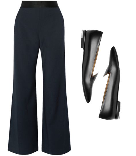 Perfect Pairings: 7 Ways to Style Wide-Leg Pants With Flats - Structure + Polish from InStyle.com Pants With Flats Outfit, Flats With Wide Leg Pants, What Shoes To Wear With Dress Pants, Wide Leg Pants With Flats, Wide Leg Trousers Shoes, Black Wide Leg Trousers Outfit Classy, Shoes With Wide Leg Trousers, Shoes To Wear With Wide Leg Trousers, Black Wide Pants Outfit Classy