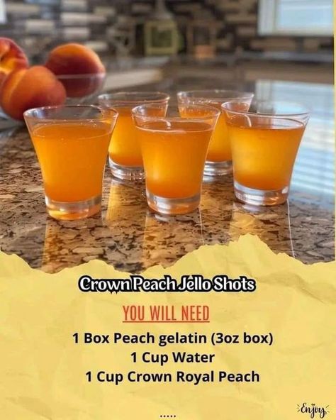 Jacques Pépin Recipes | Crown Peach Jello Shots 🍑 | Facebook Crown Peach Drink Recipes, Peach Jello Shots, Crown Royal Peach, Jacques Pepin Recipes, Peach Jello, Peach Drinks, Cocktail Juice, Pudding Shots, Jacque Pepin