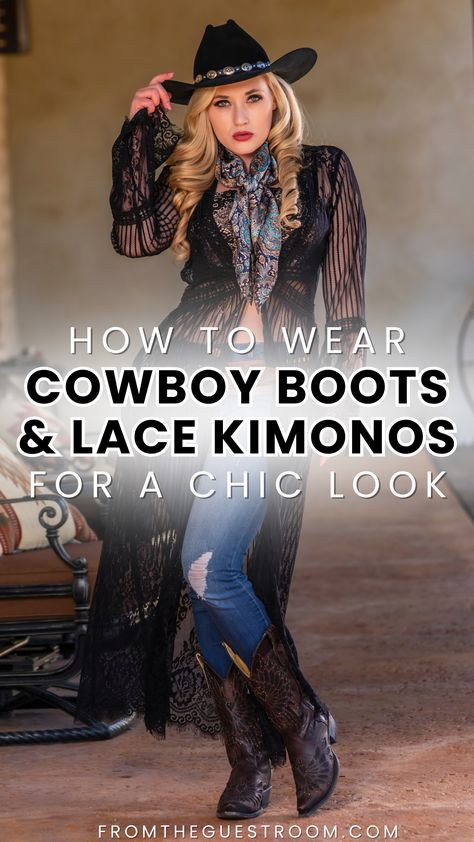 a woman wears cowboy boots and lace kimono, western outfits Kimono And Cowboy Boots Outfit, Dressy Outfits With Cowboy Boots, Casual Outfits With Cowgirl Boots, Cowgirl Boots Outfit Aesthetic, Outfits With Red Cowboy Boots, Western Boots Outfit Fall, Cowboy Boots Summer Outfit, Cowboy Boot Fashion, Cowboy Boot Outfits Women