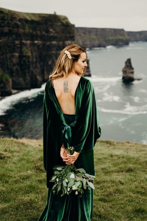 Dare to be Different: 15 Epic Coloured Wedding Dresses | OneFabDay.com Green Velvet Wedding Dress, Mustard Wedding Dresses, Lilac Wedding Dresses, Emerald Green Wedding Dress, Velvet Wedding Dress, Mustard Wedding, Dark Green Wedding, Colored Wedding Dress, Green Wedding Dresses