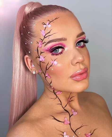 Cherry Blossom Makeup, Sakura Makeup, Body Ideas, Tiktok Makeup, Carnival Makeup, Fantasy Makeup, Cherry Blossoms, Makeup Inspo, Face Painting